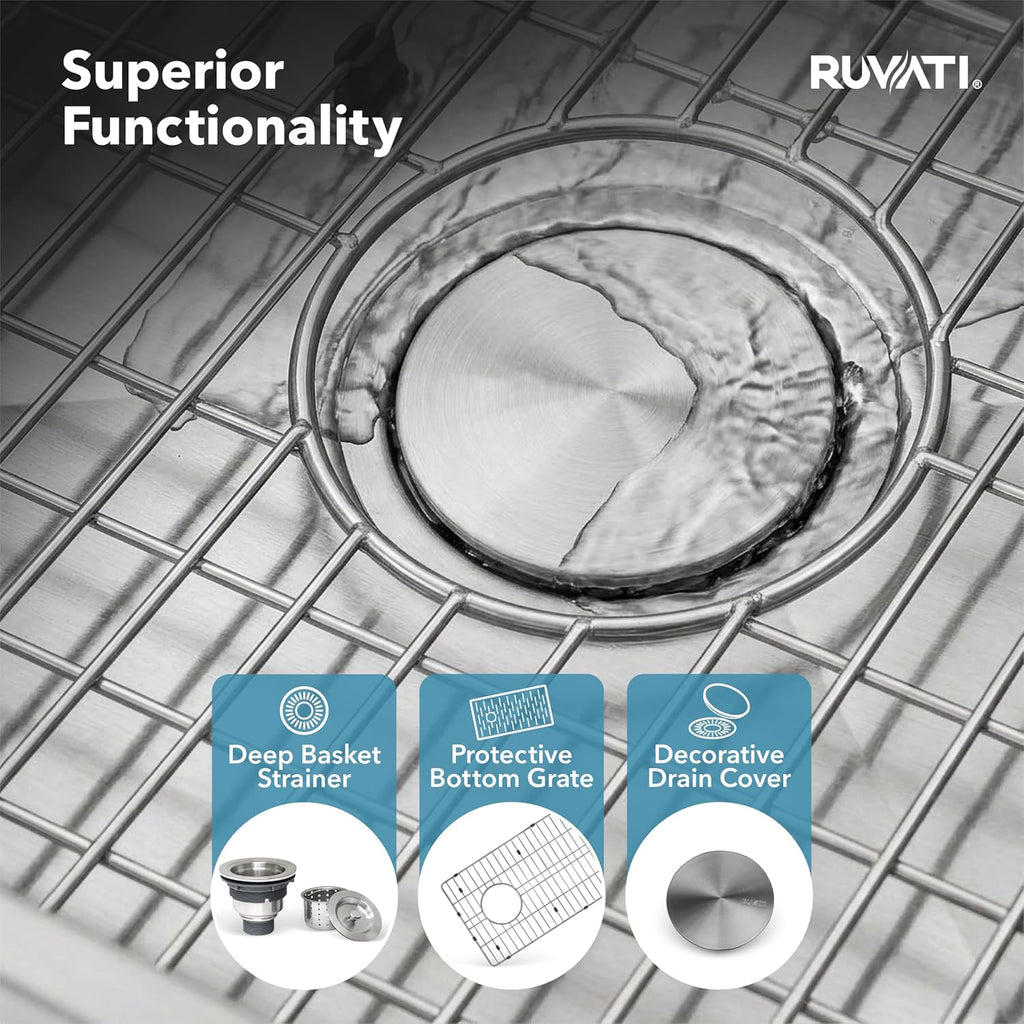 Ruvati 32-inch Rounded Corners Slope Bottom Offset Drain Reversible Kitchen Sink - 16 Gauge Stainless Steel Kitchen Sink with Brushed Finish hides scratches, Easy-to-Clean Undermount Sinks - RVH7490