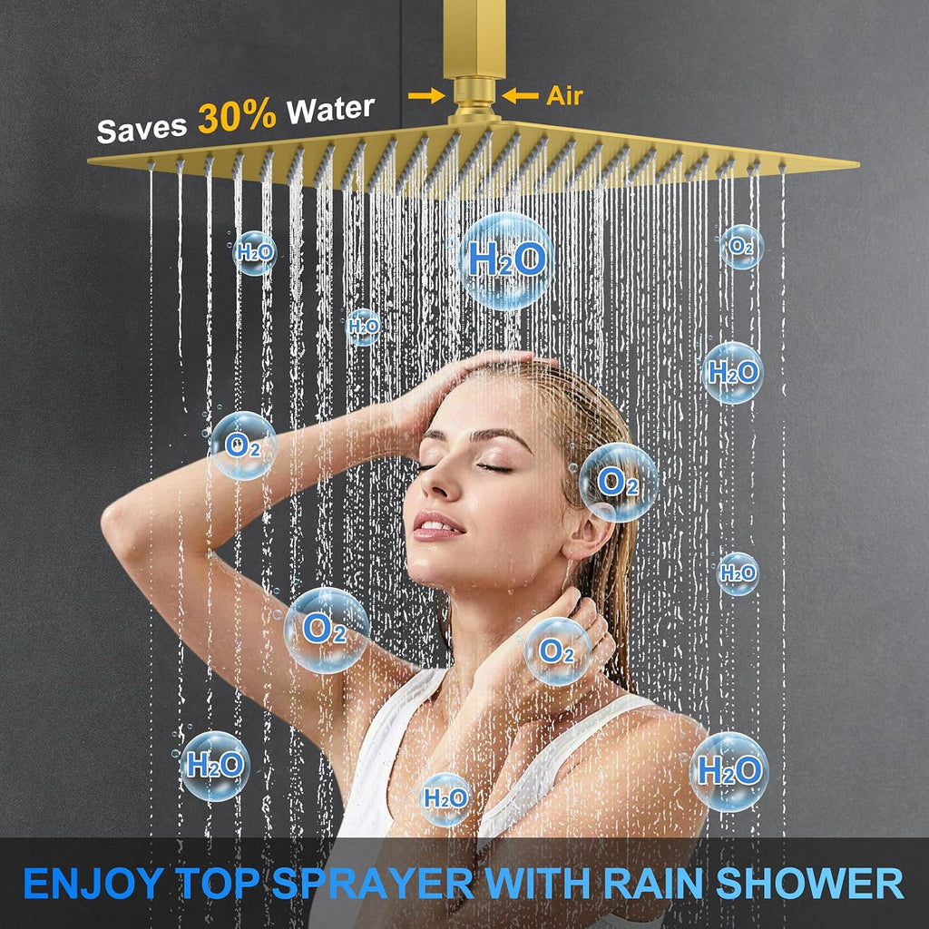 Shower Faucet Set, 12' Ceiling Mount Rainfall Shower System with 2 Rain Shower Head and Multi-function Handheld Head Push Button Diverter Shower Faucet Trim Kit (12', Brushed Gold)