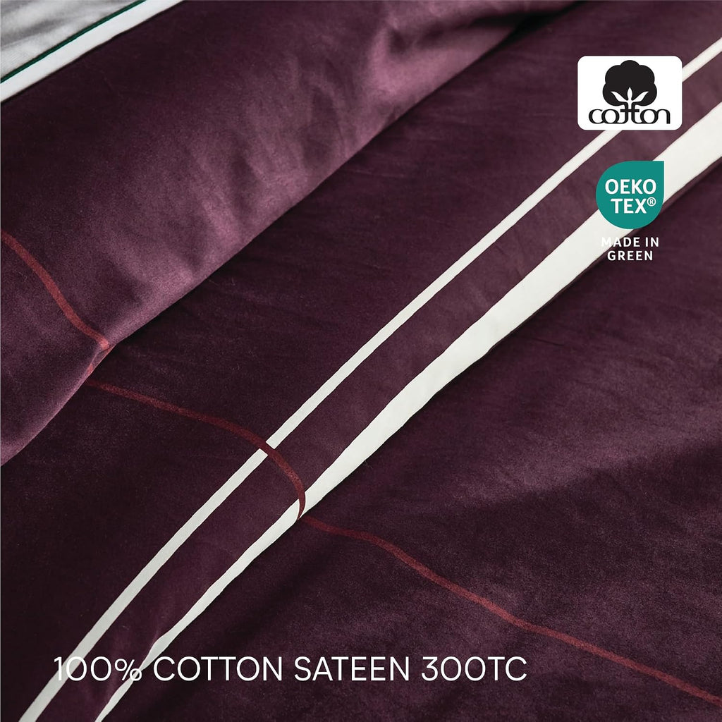 Lacoste Playful Checks Cotton Sateen 300-Thread Count Comforter Set – Medium Warmth, Oeko Tex Certified, Machine Washable, Burgundy, Full/Queen