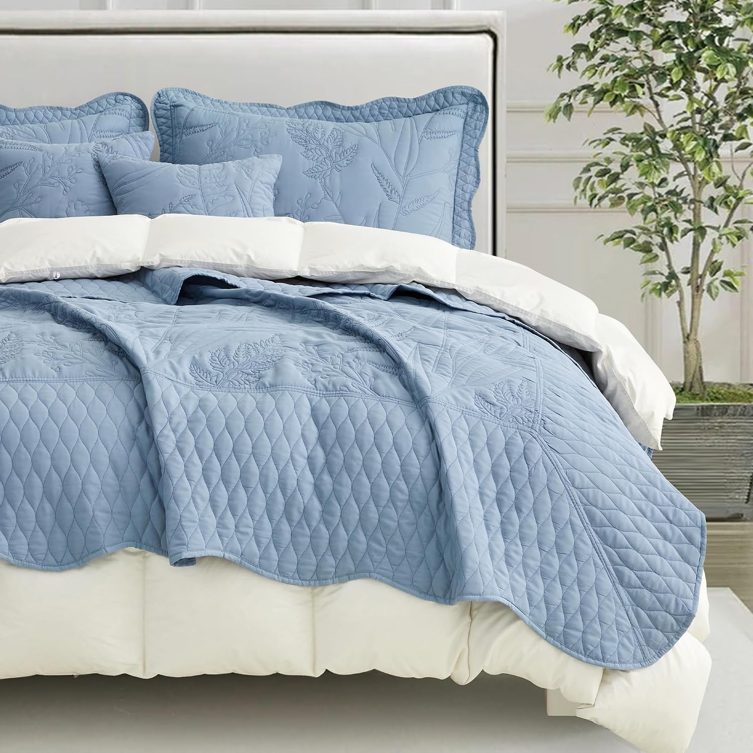 DaisyHuang Botanical Bedspread Full Size - Leaves Pattern Stitching Quilt Set - Elegant & Fresh Style Bedding Coverlets, Reversible, Lightweight, 5 Piece, Ashley Blue