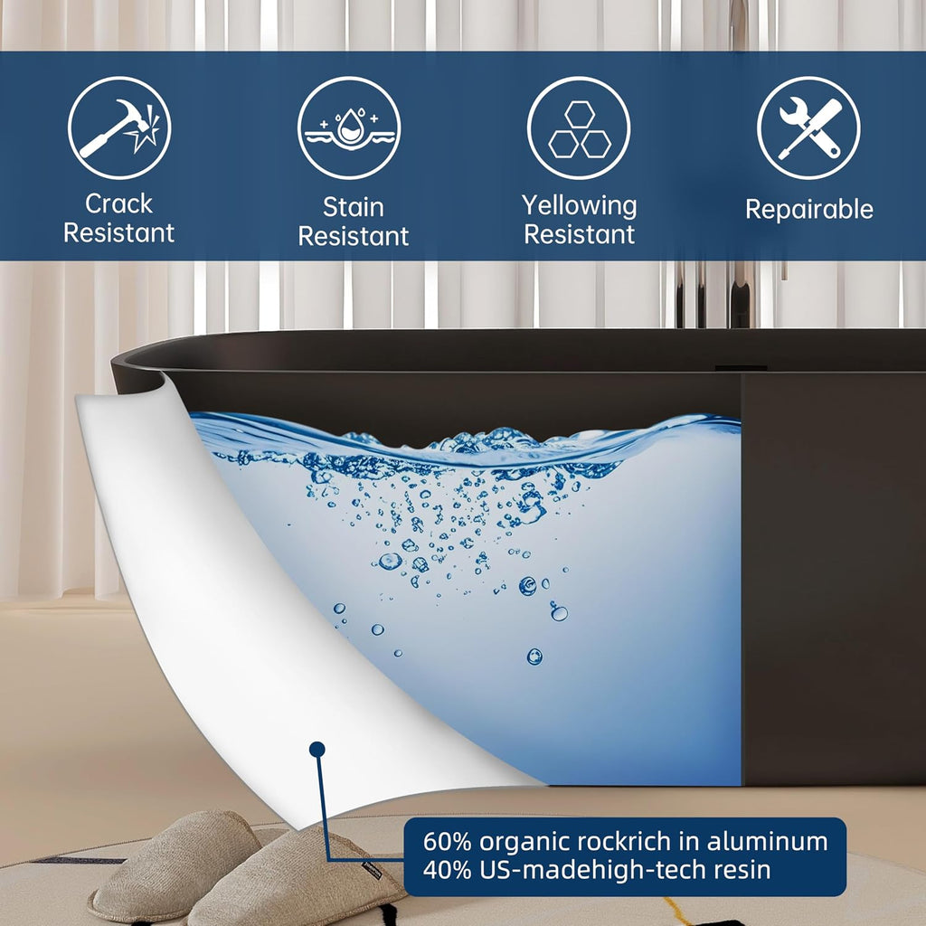 67'' Black Bathtub,Stone Resin Solid Surface Freestanding Bathtub, Modern Elegant Design Soaking Stand Alone Tub, Matte Black, Drain and Overflow Included