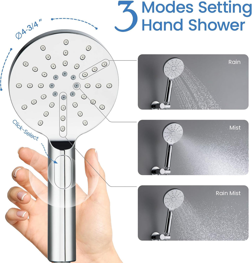 KIBI Circular Bathroom Shower System | 3-Function Wall Mounted Shower Faucet Set with Solid Brass Pressure Balanced Valve | Three Hand Shower Modes | 15-inch Long Shower Arm | Chrome Finish (KSF404)
