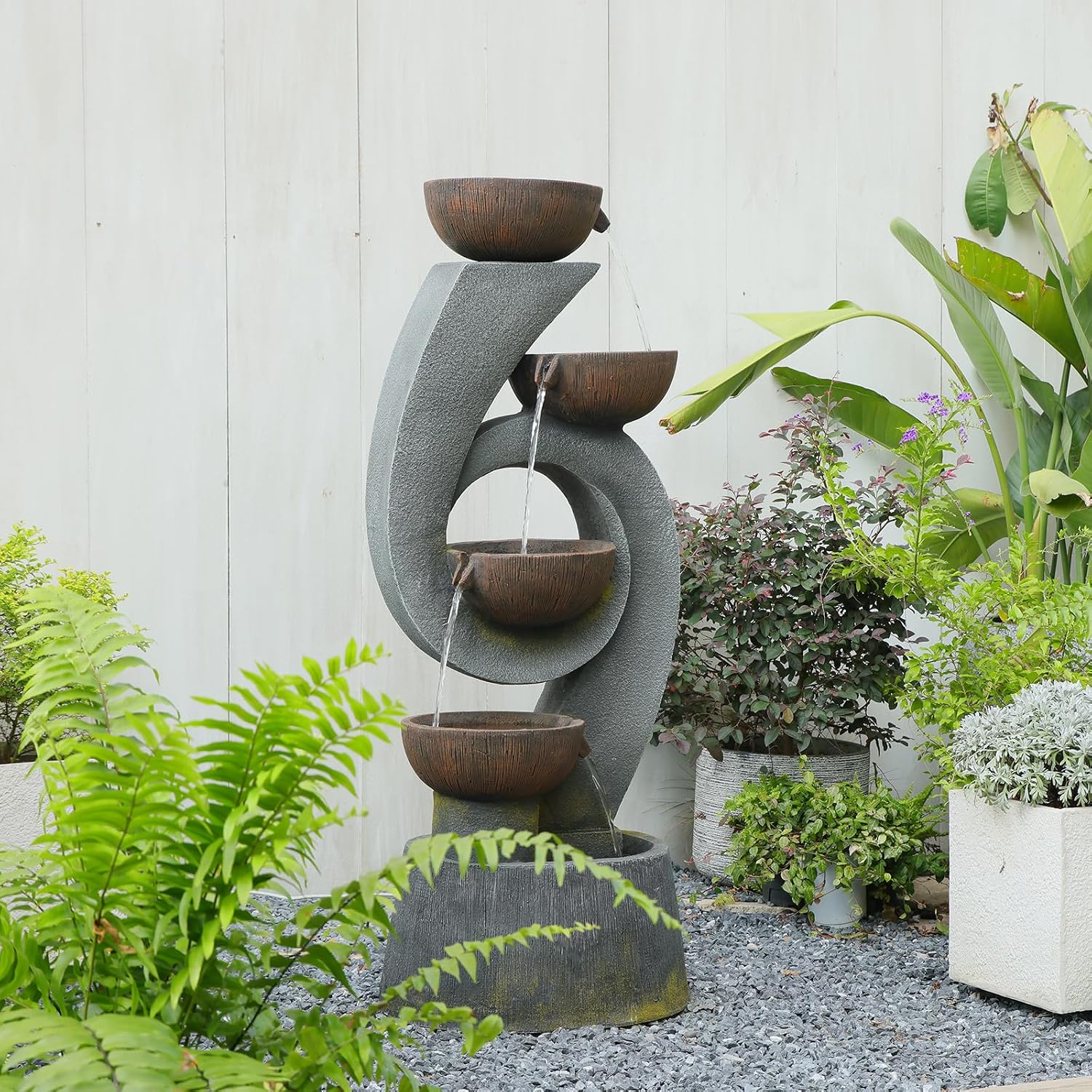 Sunlinua 46.8''H Outdoor Water Fountains - 5-Tiered Garden Fountains Outdoor for Patio, Yard, Balcony, Porch, Modern Resin Waterfall Feature for Outside with Light, Cascading Bowl Water Feature Gray