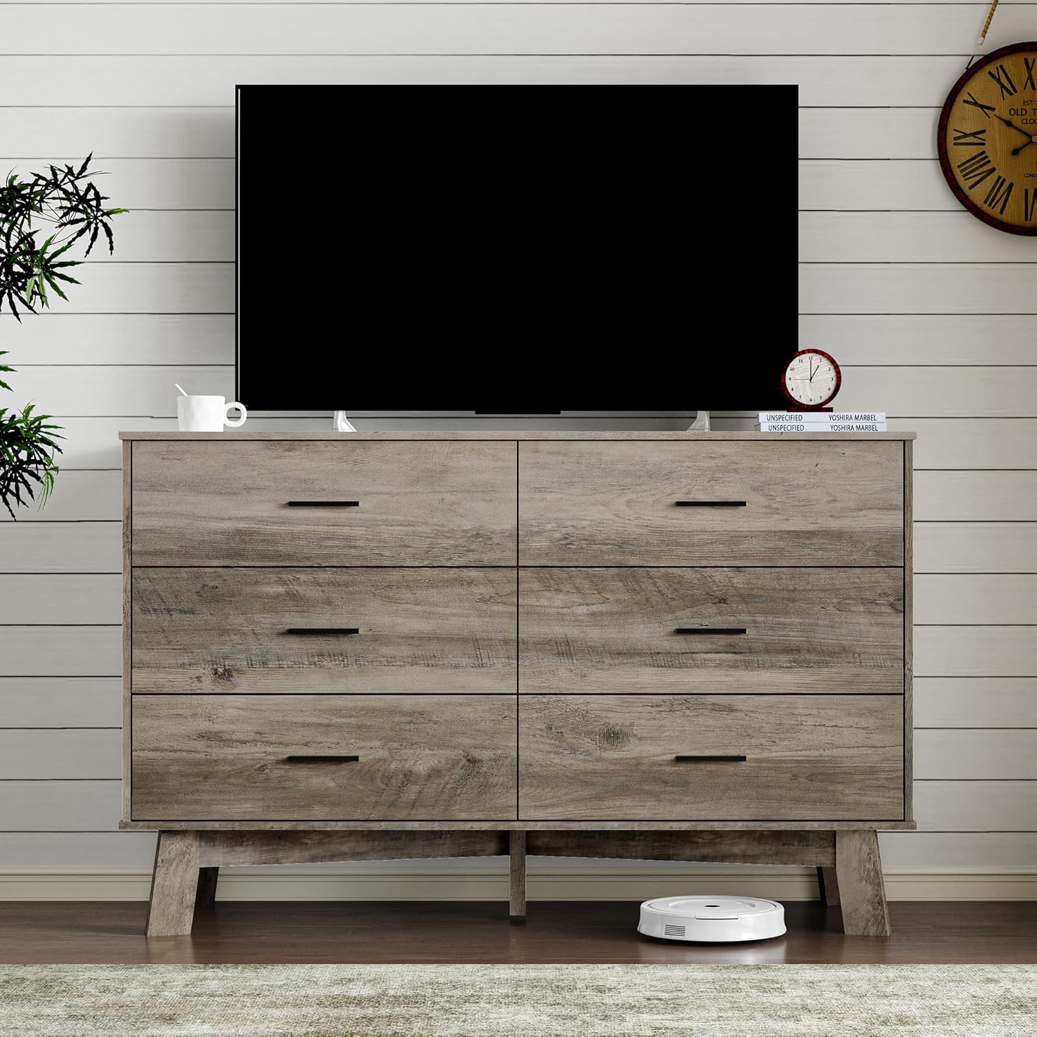 BORNOON Dresser for Bedroom with 6-Drawer, 47.2' Modern Chest of Drawers with Metal Handles, X-Shape Base & Adjustable Center Leg, Anti-Tip Closet Organizers and Storage