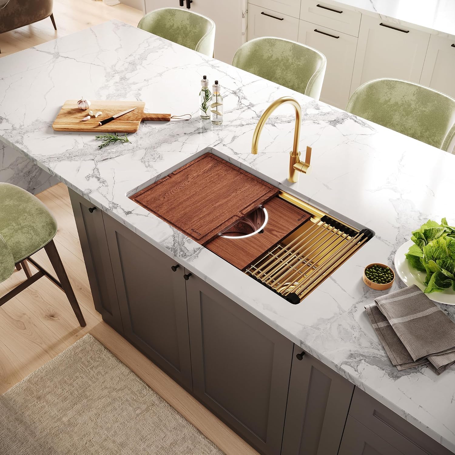 Ruvati 33-inch Polished Brass Matte Gold Stainless Steel Workstation Two-Tiered Ledge Undermount Kitchen Sink - RVH6222GG