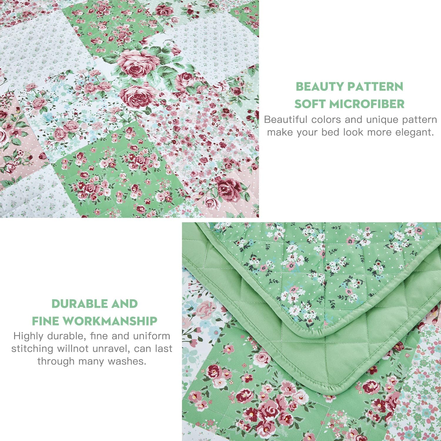 DaisyHuang Oversized King Bedspread 128x120 Extra Wide, Farmhouse Patchwork Floral Quilt Bedding Cover, Reversible, 6 Piece, 100% Microfiber, King/California King, Rose