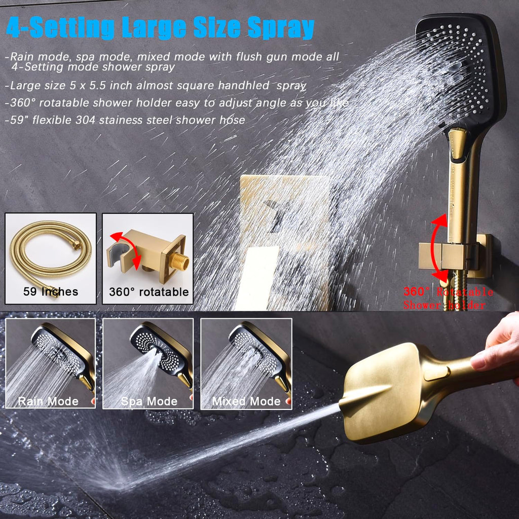 Shower System with Tub Spout 10 Inch Overhead Shower 4 Setting Handheld Spray Rough In Pressure Balance Valve Body with Trim Kit Wall Mounted Rainfall Bathtub Shower Faucet Set (Brushed Gold)