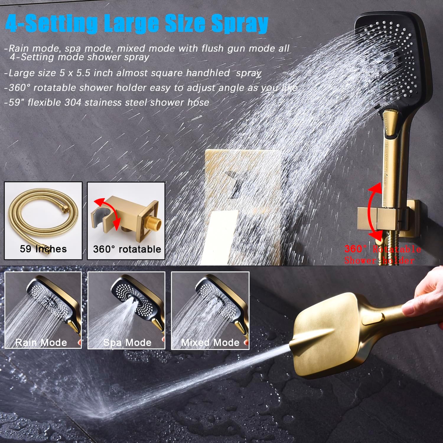 Shower System with Tub Spout 10 Inch Overhead Shower 4 Setting Handheld Spray Rough In Pressure Balance Valve Body with Trim Kit Wall Mounted Rainfall Bathtub Shower Faucet Set (Brushed Gold)