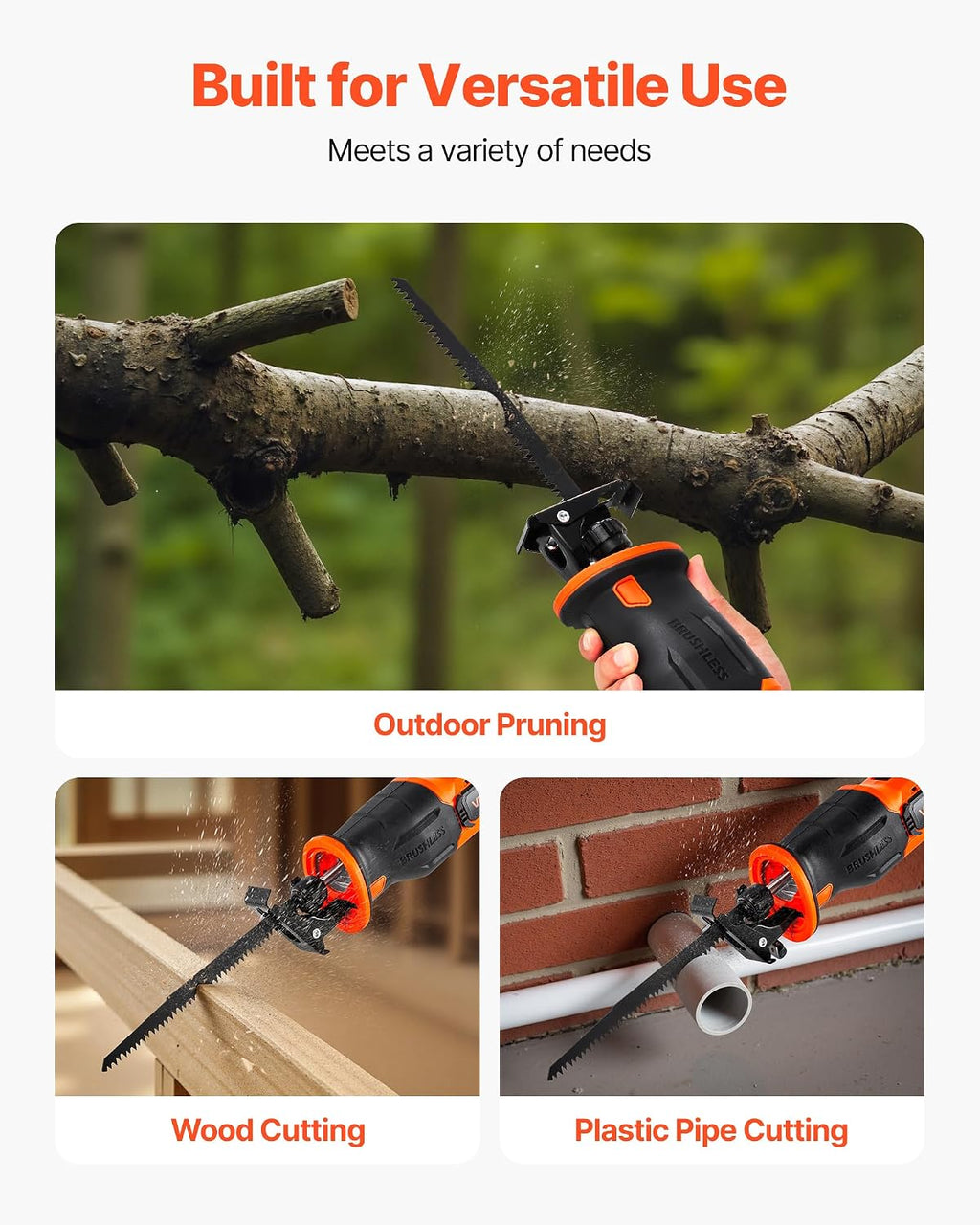 VEVOR 20V Brushless Reciprocating Saw, Cordless Reciprocating Saw with Battery, 3000 SPM Variable Speed, 1' Stroke Length Charger, 8 Blades, and Carrying Bag, for Wood, Metal and Plastic Cutting