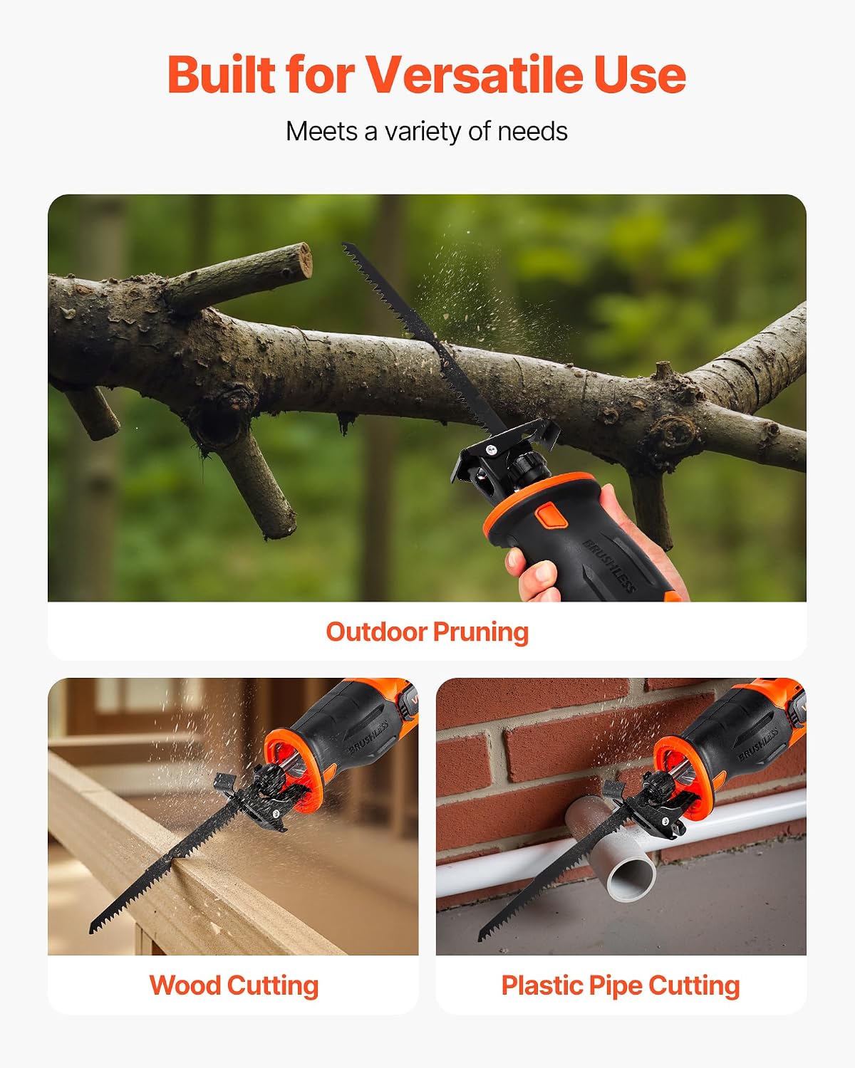 VEVOR 20V Brushless Reciprocating Saw, Cordless Reciprocating Saw with Battery, 3000 SPM Variable Speed, 1' Stroke Length Charger, 8 Blades, and Carrying Bag, for Wood, Metal and Plastic Cutting