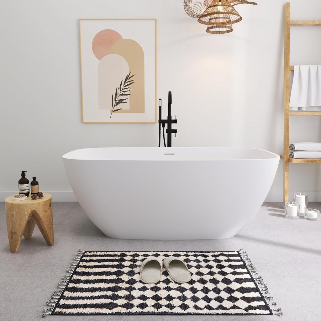 SJ STAR&JANE Solid Surface Freestanding Bathtub, 59' Stone Resin Oval Soaking Tub with Overflow & Pop-up Drain, Modern Stand Alone Tub in Matte White Finish for Bathrooms