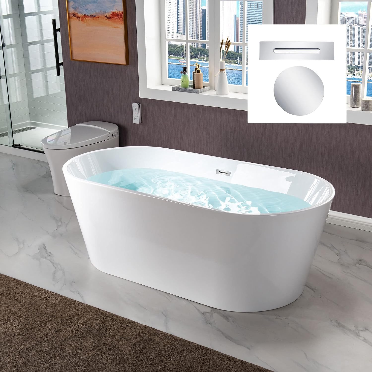 WOODBRIDGE 67' Acrylic Freestanding Bathtub Contemporary Soaking White Tub with Chrome Overflow and Drain，B0013-CH