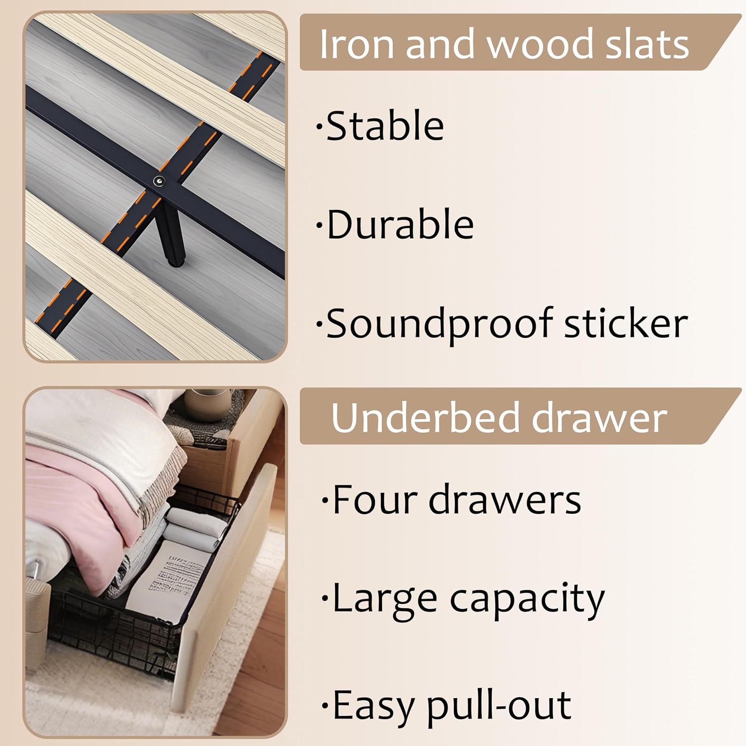 Beige Full Bed Frame with Bluetooth Speakers,LED Headboard and Footboard & USB & Type-C Charging Station & 4 Drawers Storage,Wooden Slats Support,Velvet Upholstered Bed,Easy Assembly