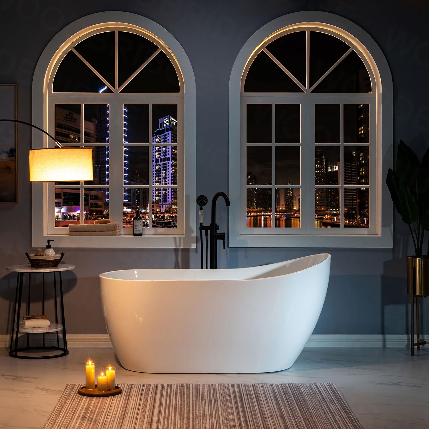 WOODBRIDGE 59' Acrylic Freestanding Bathtub Contemporary Soaking White Tub with Brushed Gold Overflow and Drain，B1530-BG-Drain&O