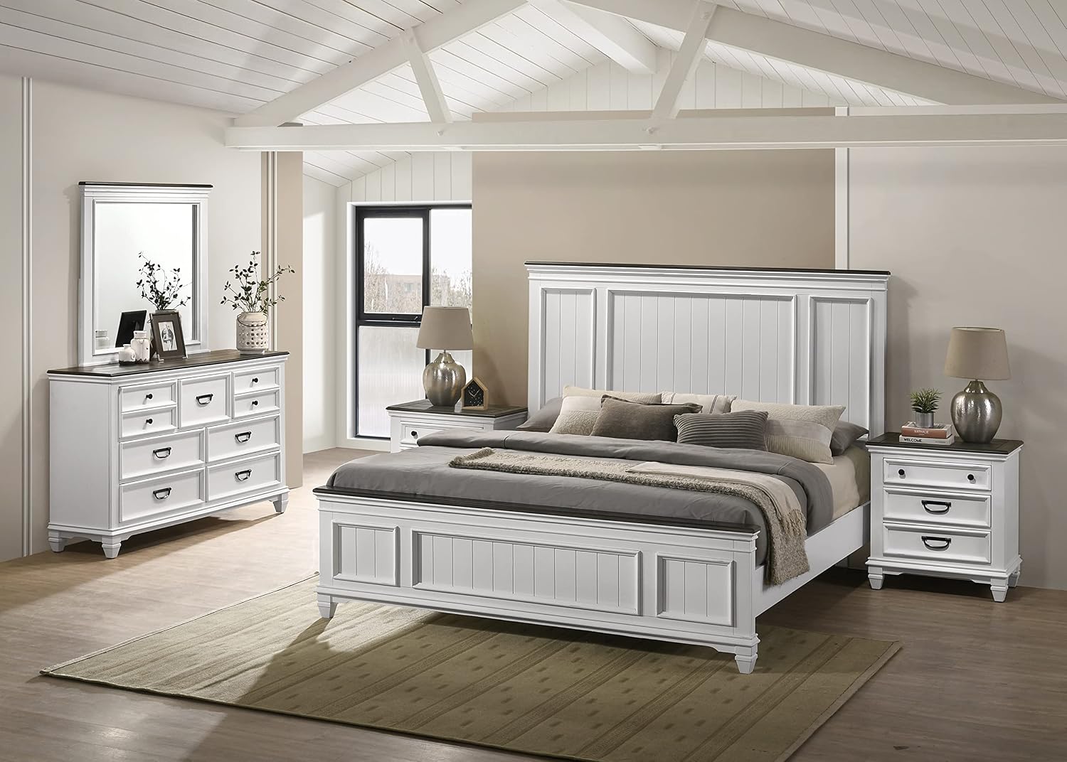 Clelane Wood Bedroom Set with Shiplap Panel King Bed, Dresser, Mirror, and Two Nightstands in Weathered White and Dark Gray