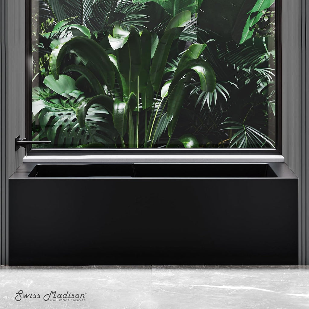 Swiss Madison Voltaire 60 x 32 Skirted Left Drain Soaking Apron Bathtub in Matte Black with Integrated Overflow and Armrest, Drain Included