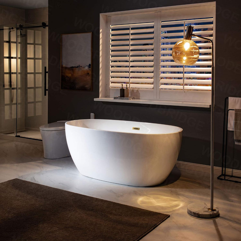 WOODBRIDGE 59' Acrylic Freestanding Bathtub Contemporary Soaking White Tub with Brushed Gold Overflow and Drain，BTA1518 -BG-Drain &O