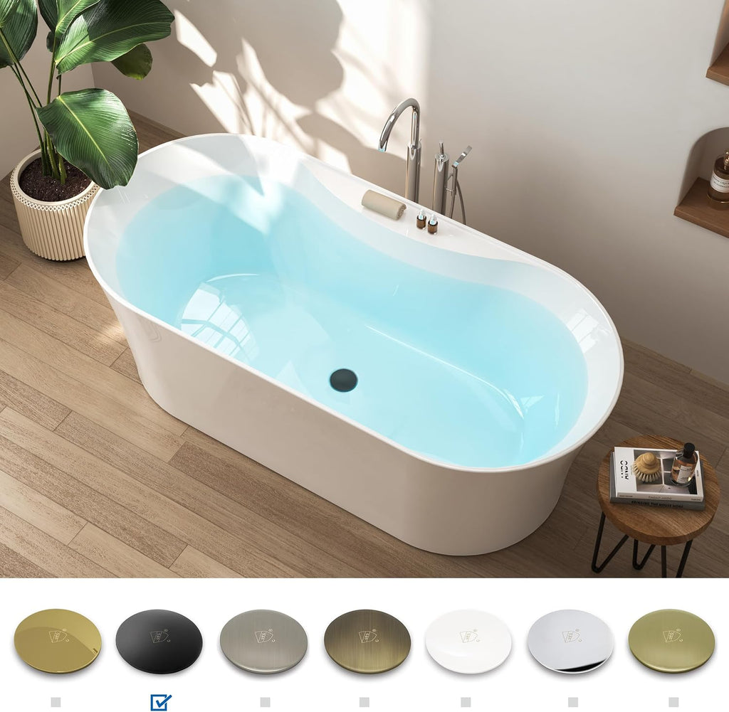 FerdY Santorini 67' Acrylic Freestanding Tub, Gracefully Shaped Contemporary Soaking Tub, Glossy White, cUPC Certified, Matte Black Toe-tap Drain and Overflow