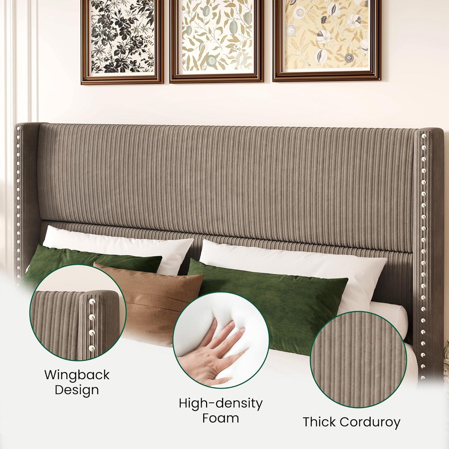 LARMACE Queen Size Bed Frame with 4 Storage Drawers Queen Bed Frame with Headboard Upholstered Corduroy Platform Bed with Vertical Stripe,Solid Wood Leg/No Box Spring Needed/Noise Free,Brown