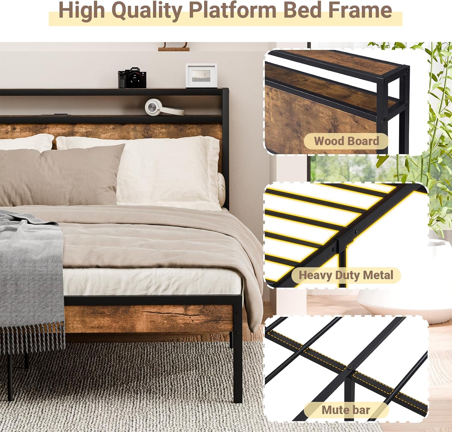 Zevemomo Queen Size Bed Frame with Headboard, Headboard with Charging Station, 2 USB Port & 2 AC Power Outlet, Queen Metal Platfrom Bed Frames No Box Spring Needed, Sturdy & Assembly, Brown