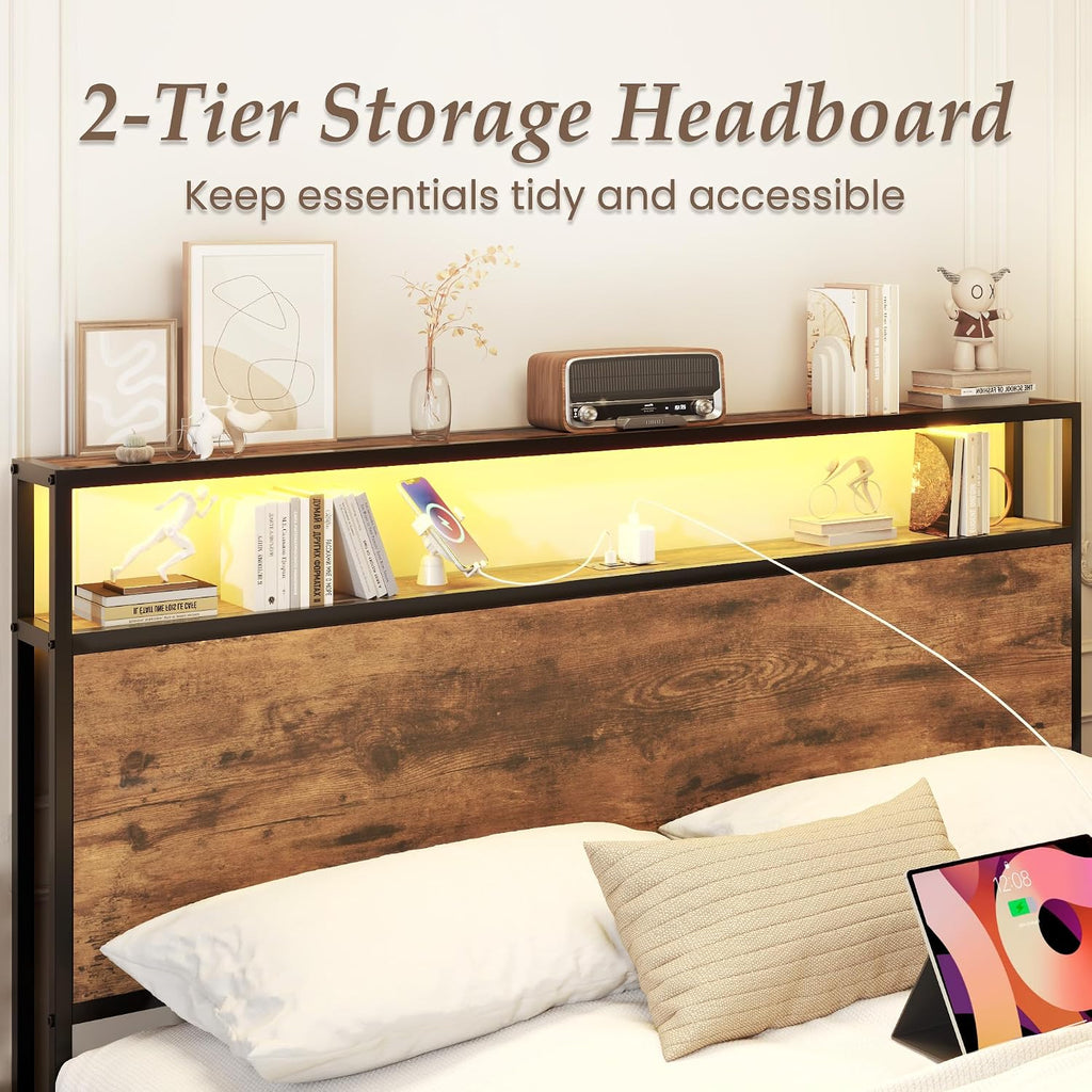 Lifezone Full Bed Frame with 2-Tier Storage Headboard, Metal Bed Frame with Storage Drawers & Built-in Charging Station & LED, Noise-Free, No Box Spring Needed, Easy Assembly, Rustic Brown