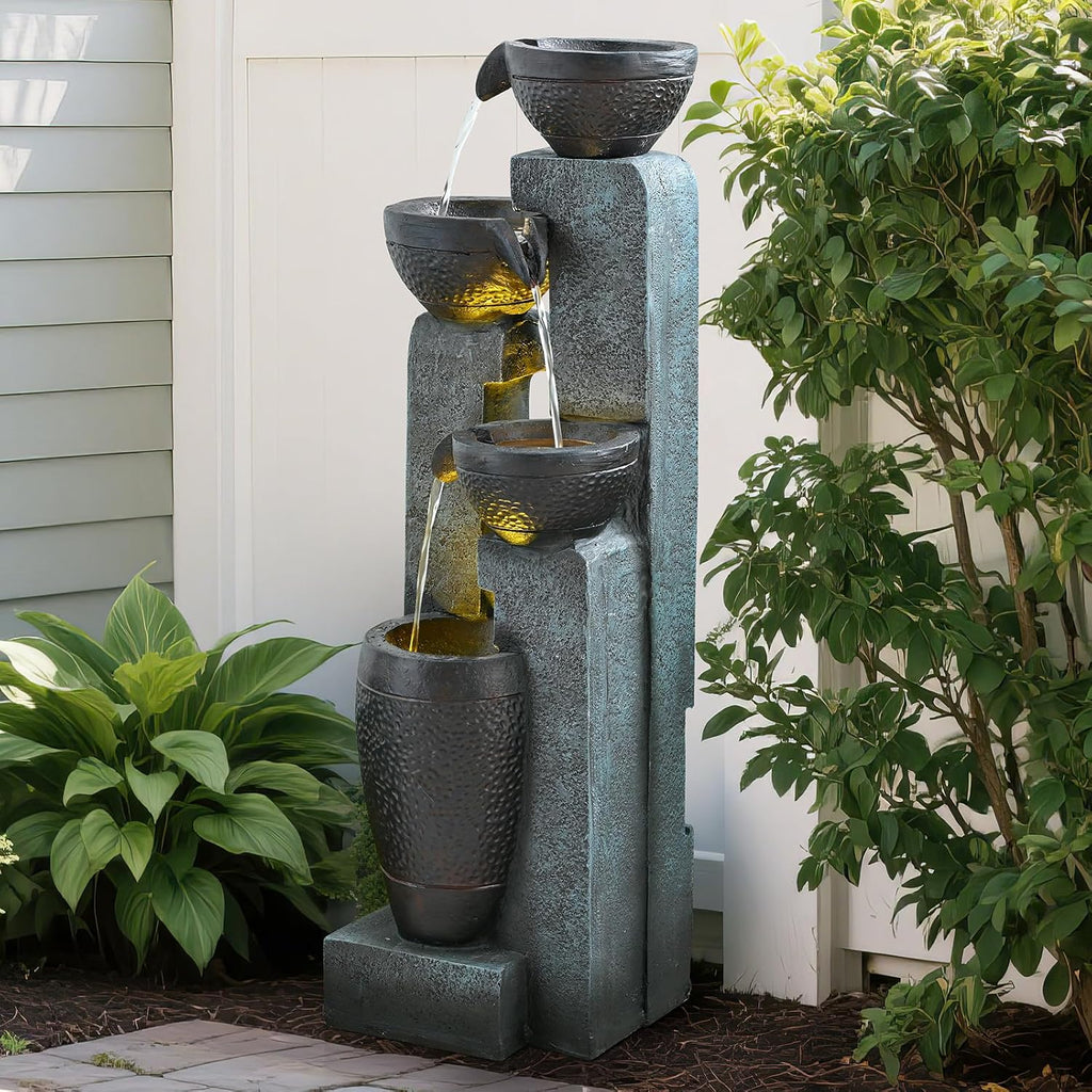40' Inch Water Fountain Outdoor&Indoor 4-Tiers Large Outdoor Patio Decor Gray Garden Water Fountain for Outside Waterfall with LED Light&Pump Resin Modern Floor-Standing Water Feature Outdoor