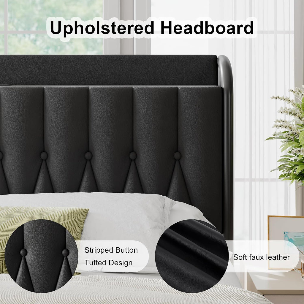 Queen Bed Frame with Fast Charging Station, Leather Queen Size Metal Platform Beds with Upholstered Headboard & Footboard,12' Underbed Storage Space,Easy Assembly,Noise-Free,Black