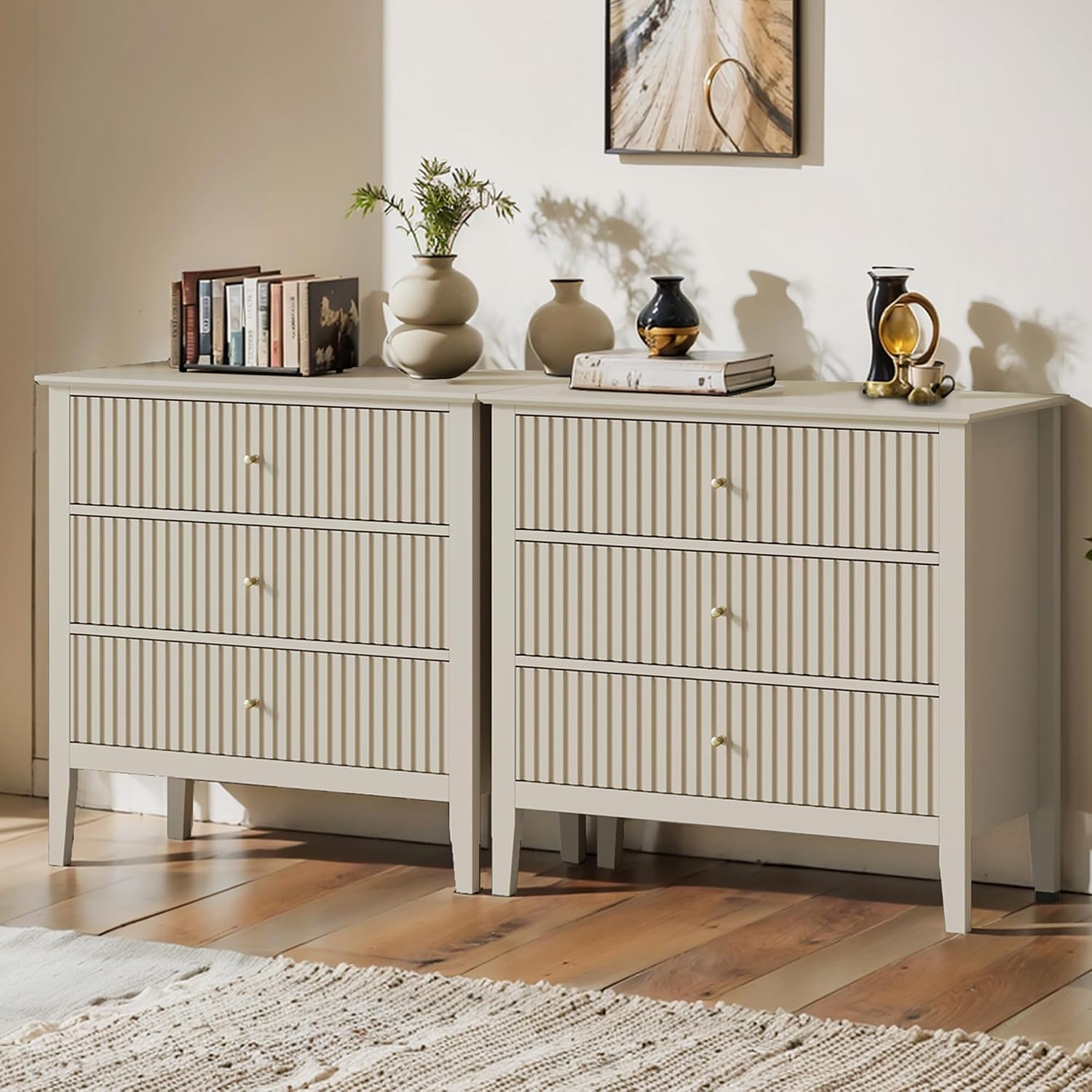 May in Color Large Beige Fluted 3 Drawer Dresser Set of 2, Chest of Drawers with Ball Bearing Slide Modern 30 inch Tall Wood Nightstand with Spacious Storage for Bedroom Hallway Living Room Entryway