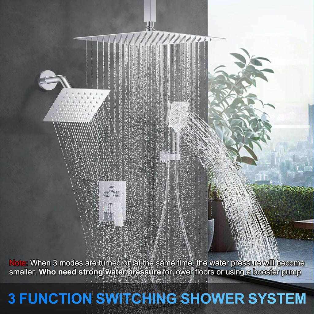 Shower Faucet Set, 12' Ceiling Mount Rainfall Shower System with 2 Rain Shower Head and Multi-function Handheld Head Push Button Diverter Shower Faucet Trim Kit (12', Polished Chrome)