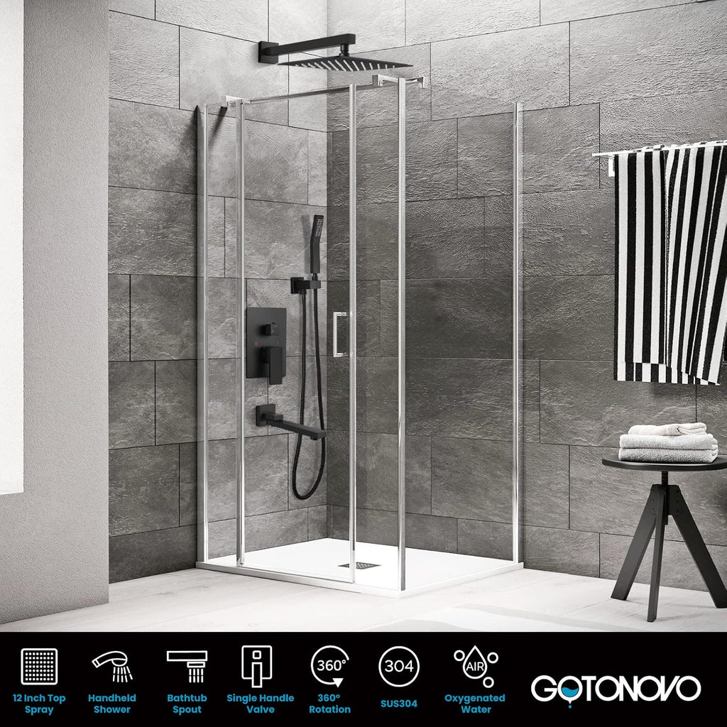 gotonovo Rainfall Tub Shower Faucet Set Bathroom Shower System with Tub Spout Wall Mount Square High Pressure Shower Fixtures with Handheld Sprayer Rough-In Valve 12'' Shower Head,Matte Black