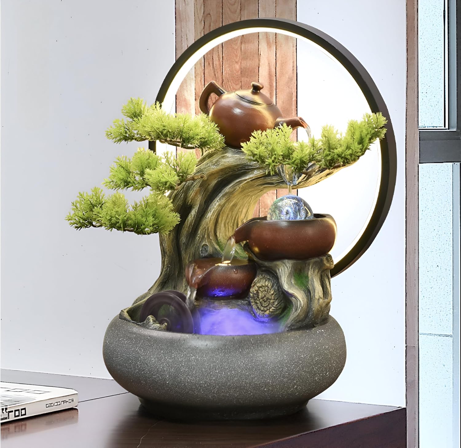 15.75 Inch-Tabletop Ceramic Fountain&5 Tiers of Flowing Water&Zen+Free 10 Crystals-Suitable for Indoor Meditation&Landscape&Good Luck-Fogging&LED Color Lights&Tea Pot