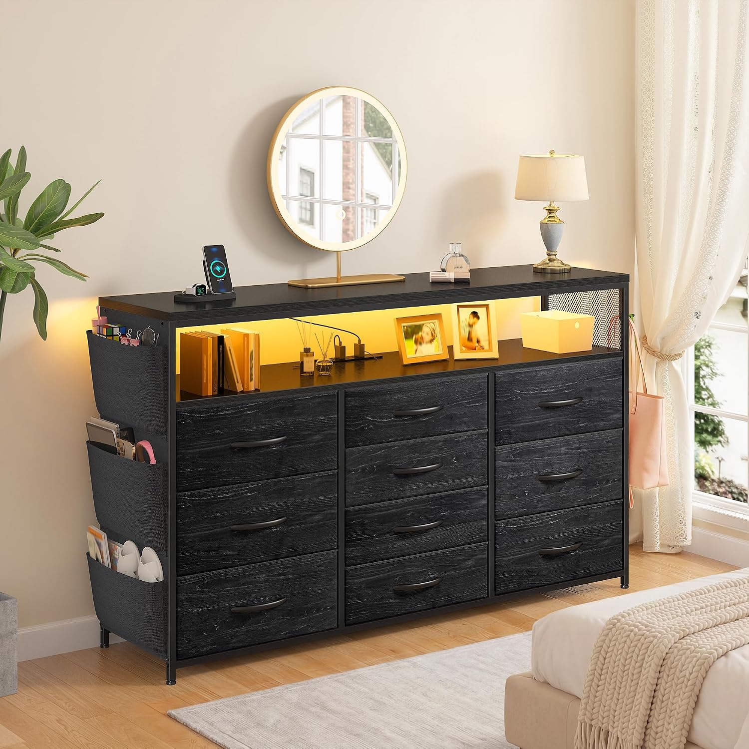 EnHomee Dresser for Bedroom with 10 Drawers, 55' TV Stands with LED Lights & Power Outlets, Dressers with Shelves & Side Pockets, Hooks for Hallway,Charcoal Black