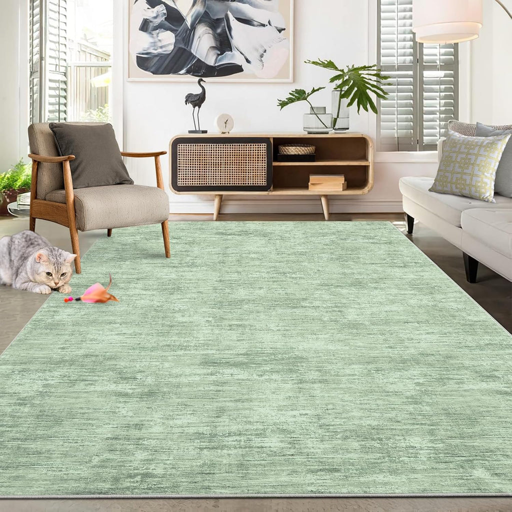 RUGSREAL Living Room Area Rug 9x12 Machine Washable Rug Non-Slip Stain Resistant Modern Abstract Carpet Contemporary Accent Throw Floor Carpet for Dining Room Solid Area Rug for Home Office, Green