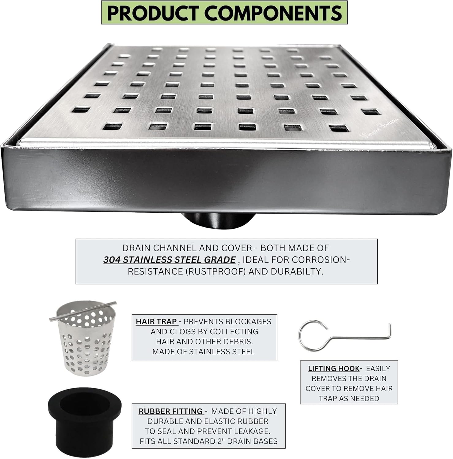 SereneDrains 304 Stainless Steel 6 Inch Brushed Nickel Square Shower Drain Kit for Tile Floor Drain Grate Cover Hair Catcher Trap Strainer Filter (Brushed Nickel, Traditional Square Design)