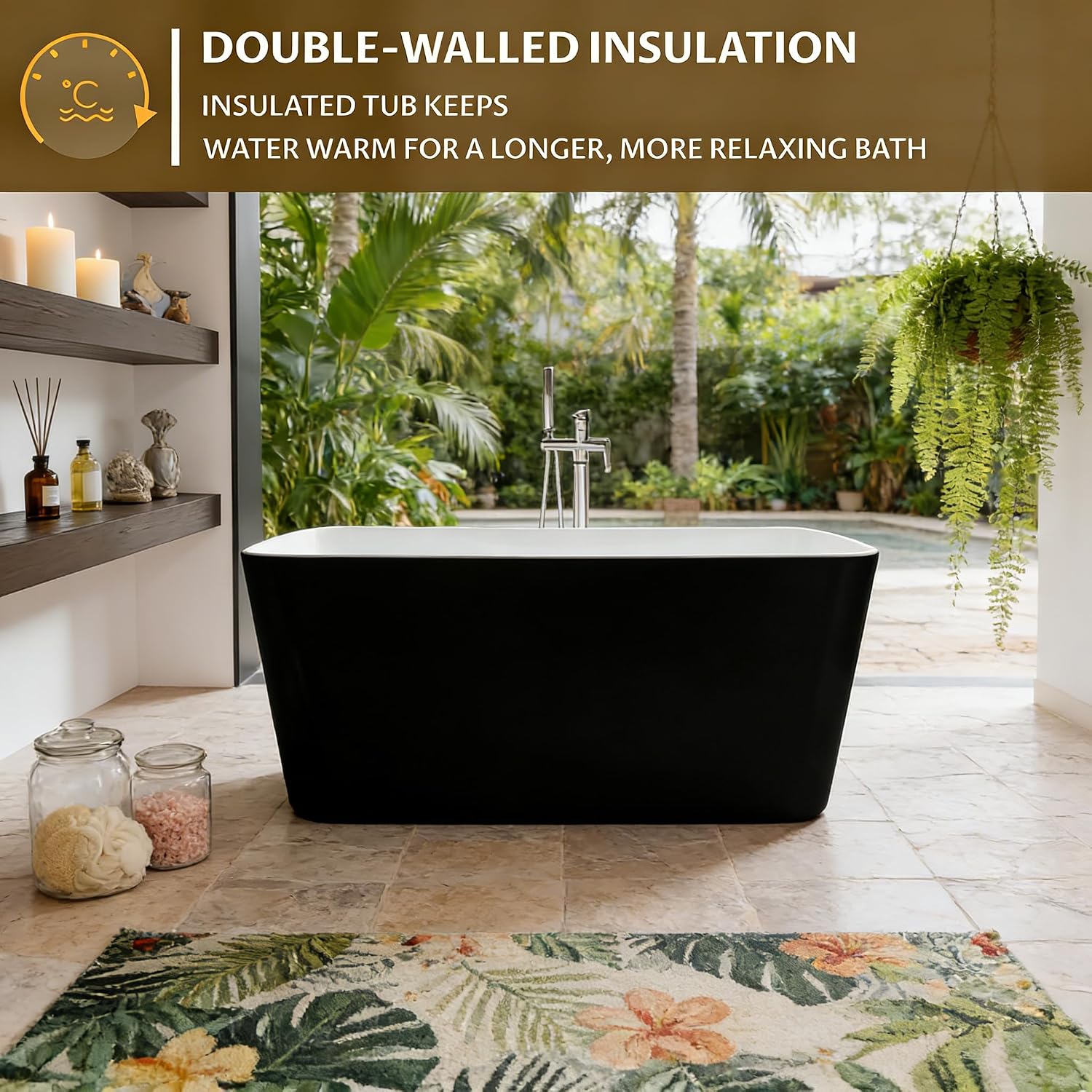 49'Acrylic Freestanding Soaking Bathtub, Deep Ergonomic Design, cUPC Certified Bath Tub, Double-Walled Insulation, Matte Drain & Overflow, Easy Install, Modern Bathroom Tub, Black Outside, Black
