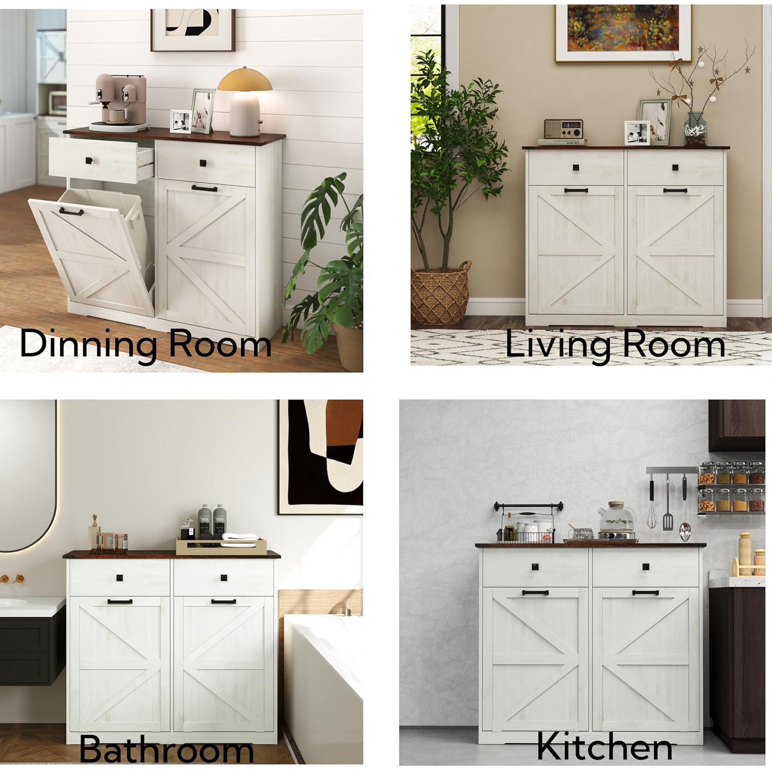 Farmhouse Double Tilt-Out Trash Cans for 2×10 Gallon Bins, Barn Door Style Recycling Cans w/ Hideaway Drawer, Free-Standing Kitchen Garbage Bin Holder, Laundry Sorter Cabinet w/ Tilt-Out Design.