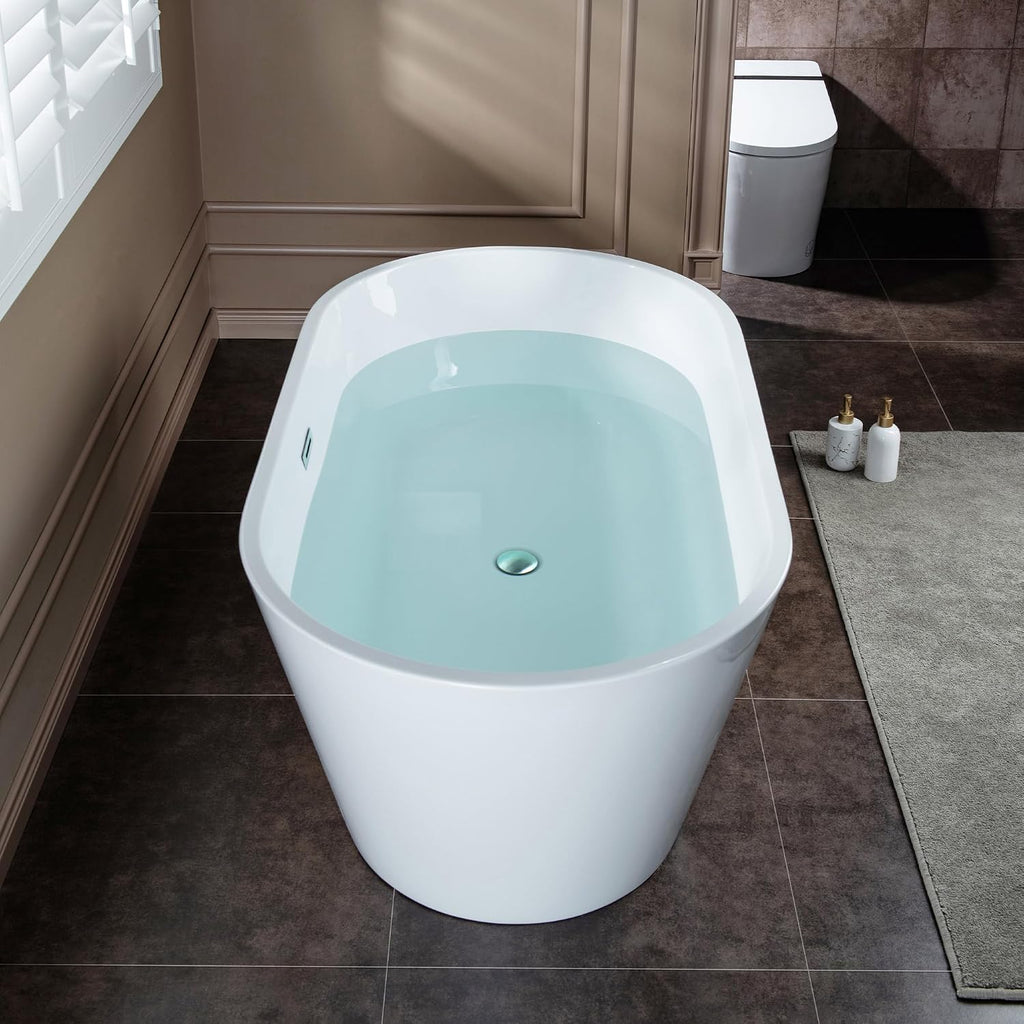 WOODBRIDGE 59' Acrylic Freestanding Bathtub Contemporary Soaking White Tub with Chrome Overflow and Drain