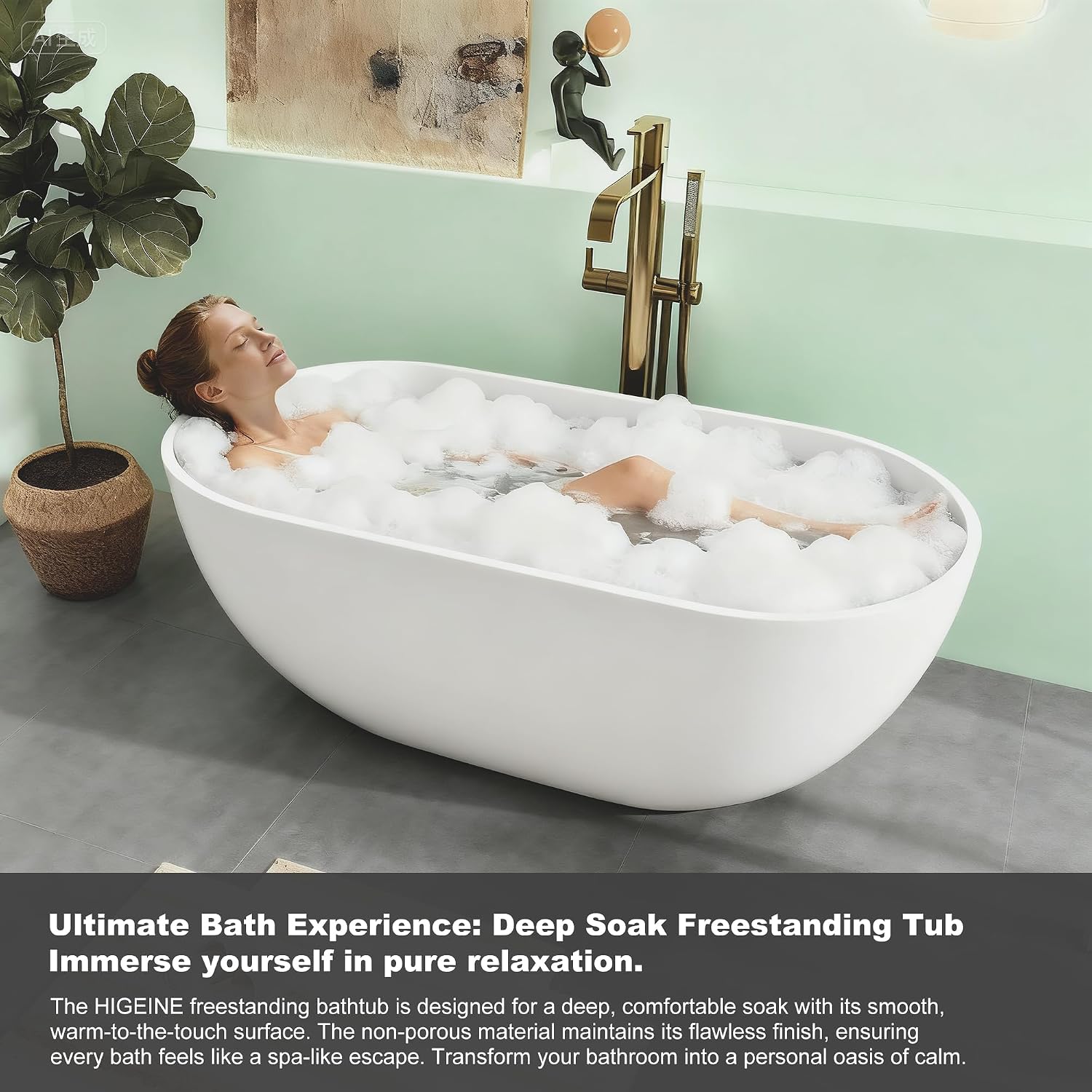 69' Premium Solid Surface Freestanding Bathtub, Oval Stone Resin Tub with Overflow and Pop-up Drain, Matte White