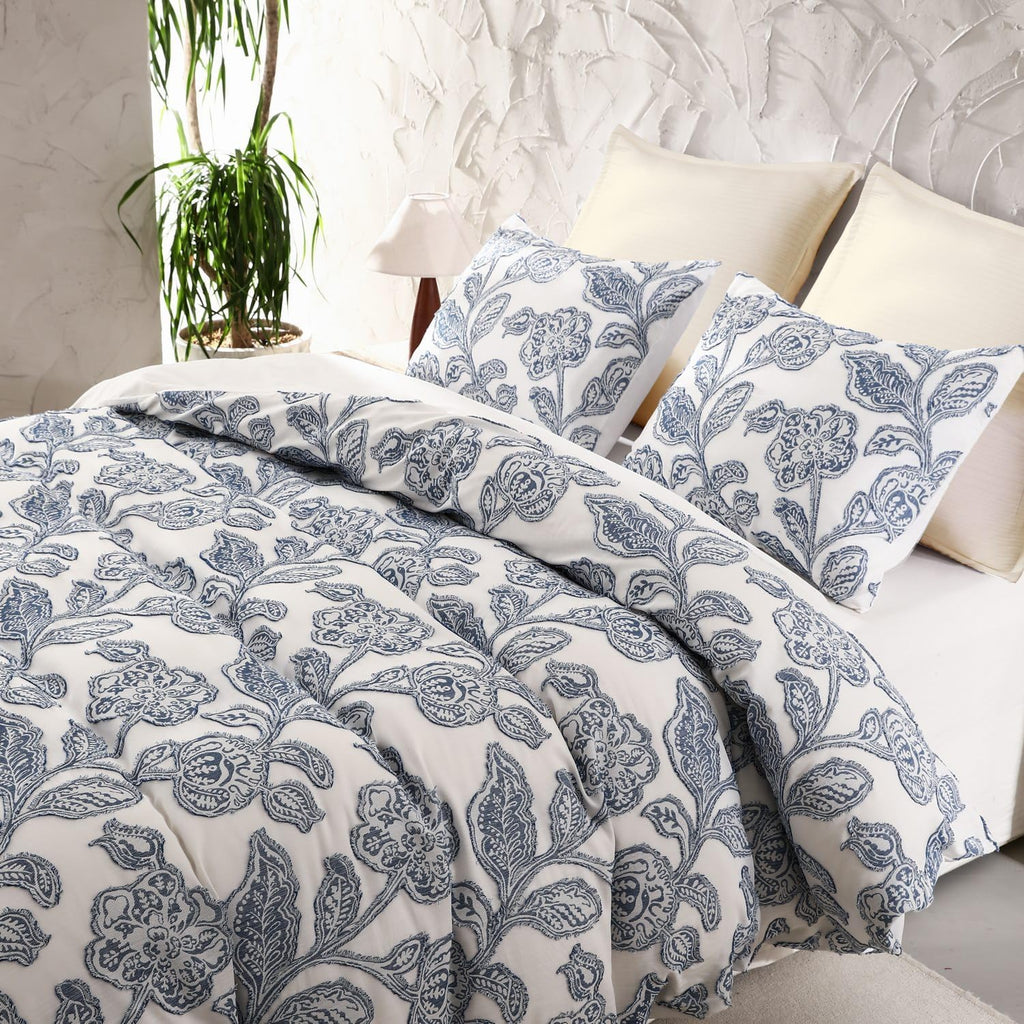 meadow park Cotton Clipped Jacquard Comforter Set 5 Pieces, King Size, Shabby Chic Home Bedding Set, Blue