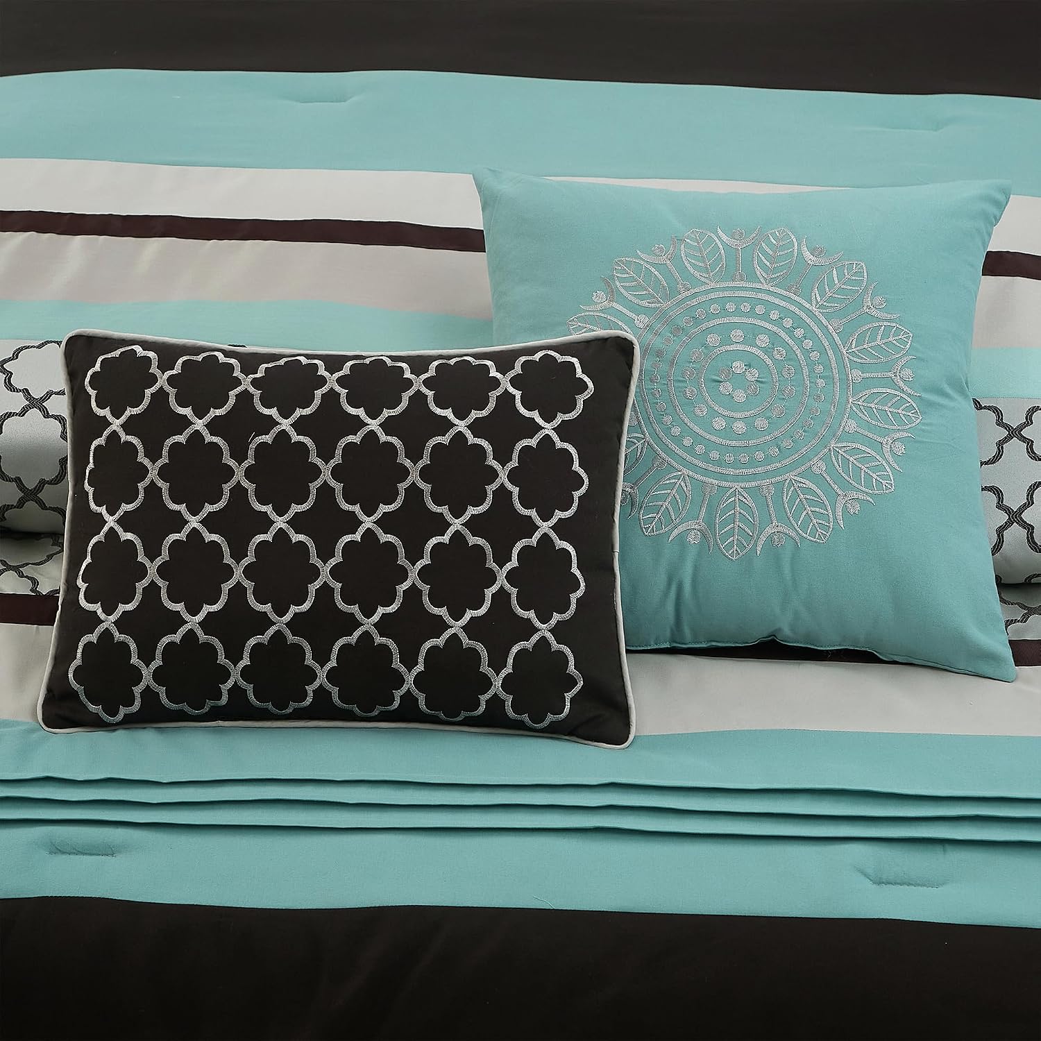 LANCO MODERN LIFESTYLE Queen Comforter Set, Aqua Brown Bedding Set, Jacquard Woven with Embroidery, 8 Pieces Bed in a Bag, Bed Skirt, Shams and Decorative Pillows