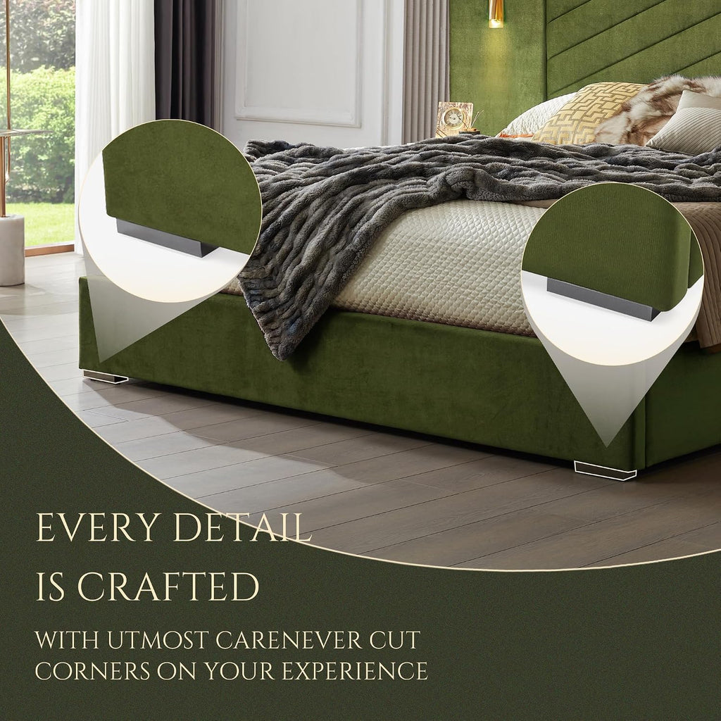 Luxurious King Platform Bed Frame, Velvet Upholstered Headboard with 2 Built-in Wall Sconces & Nightstands, Sturdy Metal & Solid Wood Frame, Squeak-Free, No Box Spring Needed, Olive Green