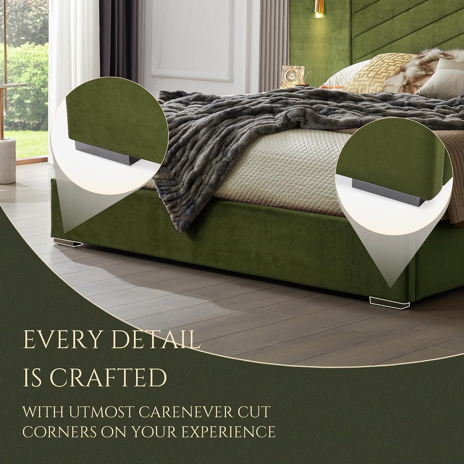 Luxurious King Platform Bed Frame, Velvet Upholstered Headboard with 2 Built-in Wall Sconces & Nightstands, Sturdy Metal & Solid Wood Frame, Squeak-Free, No Box Spring Needed, Olive Green