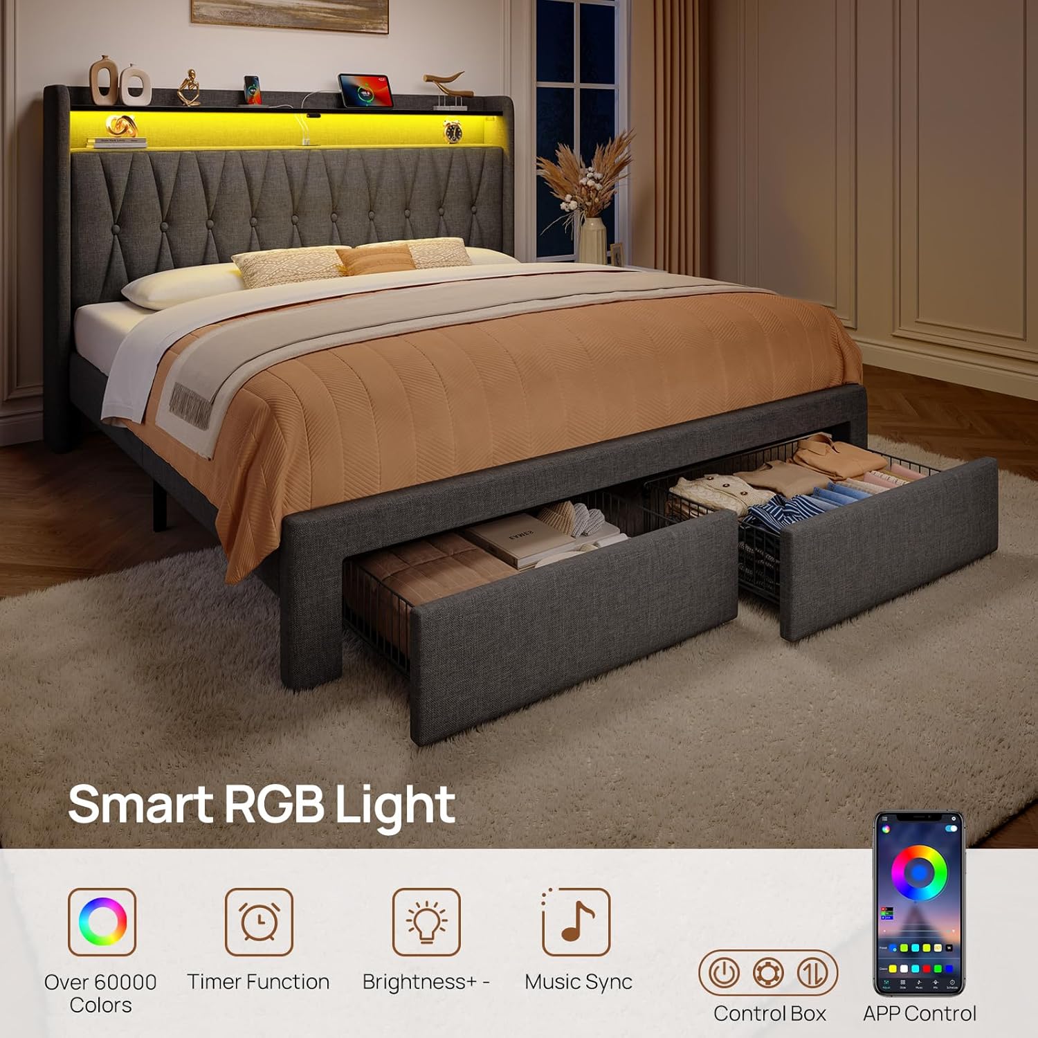 Rolanstar Full Bed Frame with Drawers, Storage Headboard with Charging Station and LED Lights, Upholstered Bed with Heavy Duty Wood Slats, No Box Spring Needed, Noise Free, Easy Assembly, Dark Grey