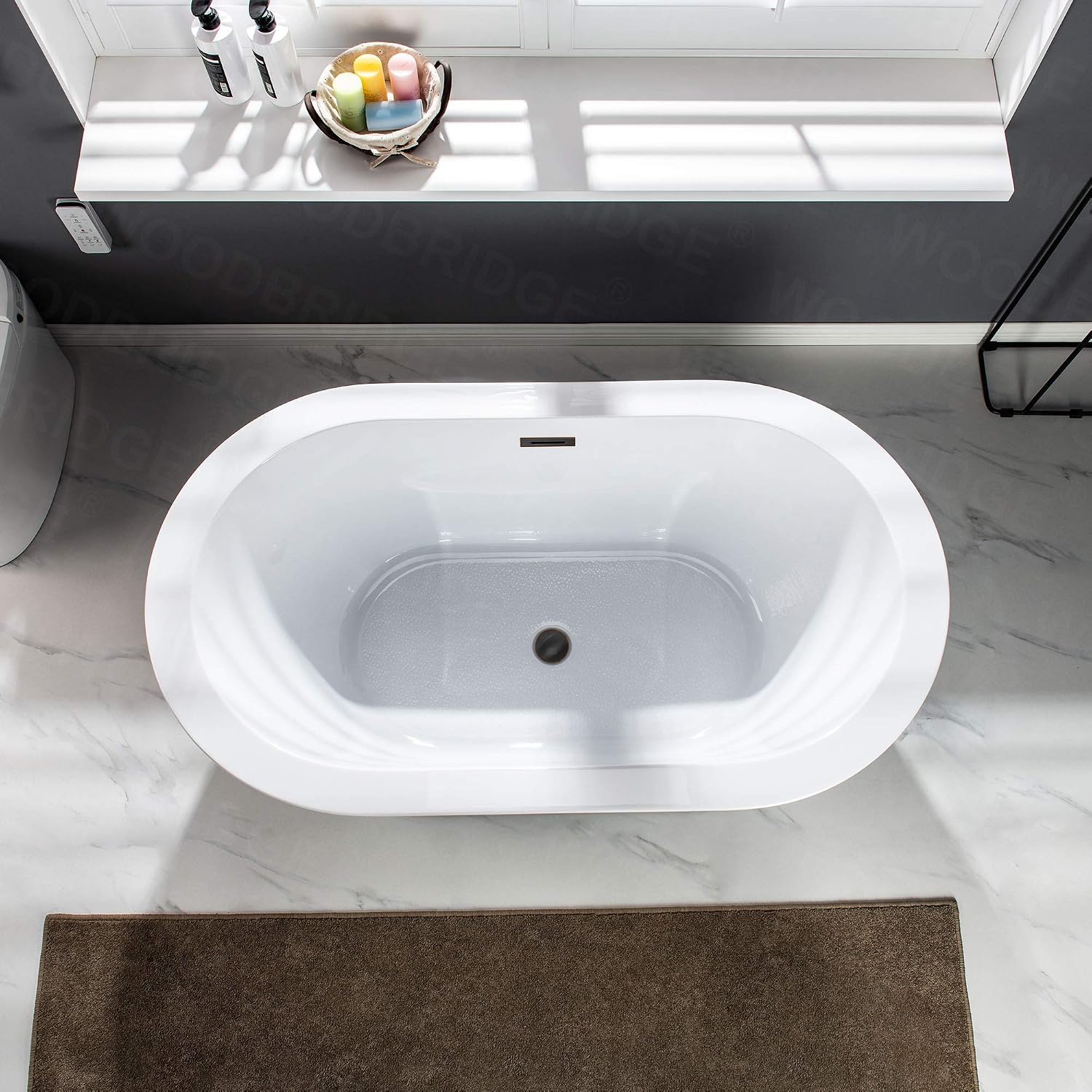 WOODBRIDGE 56' Acrylic Freestanding Bathtub Contemporary Soaking White Tub with Oil Rubbed Bronze Overflow and Drain，B0088 -ORB-Drain &O