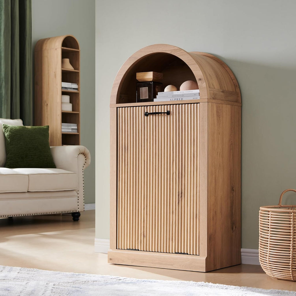 IFGET Arched Tilt-Out Trash Can Cabinet, Fluted 10 Gallon Trash Can with Open Shelf, Modern Laundry Hamper Cabinet, Hidden Garbage Can with Storage Basket for Kitchen, Living Room, Narural