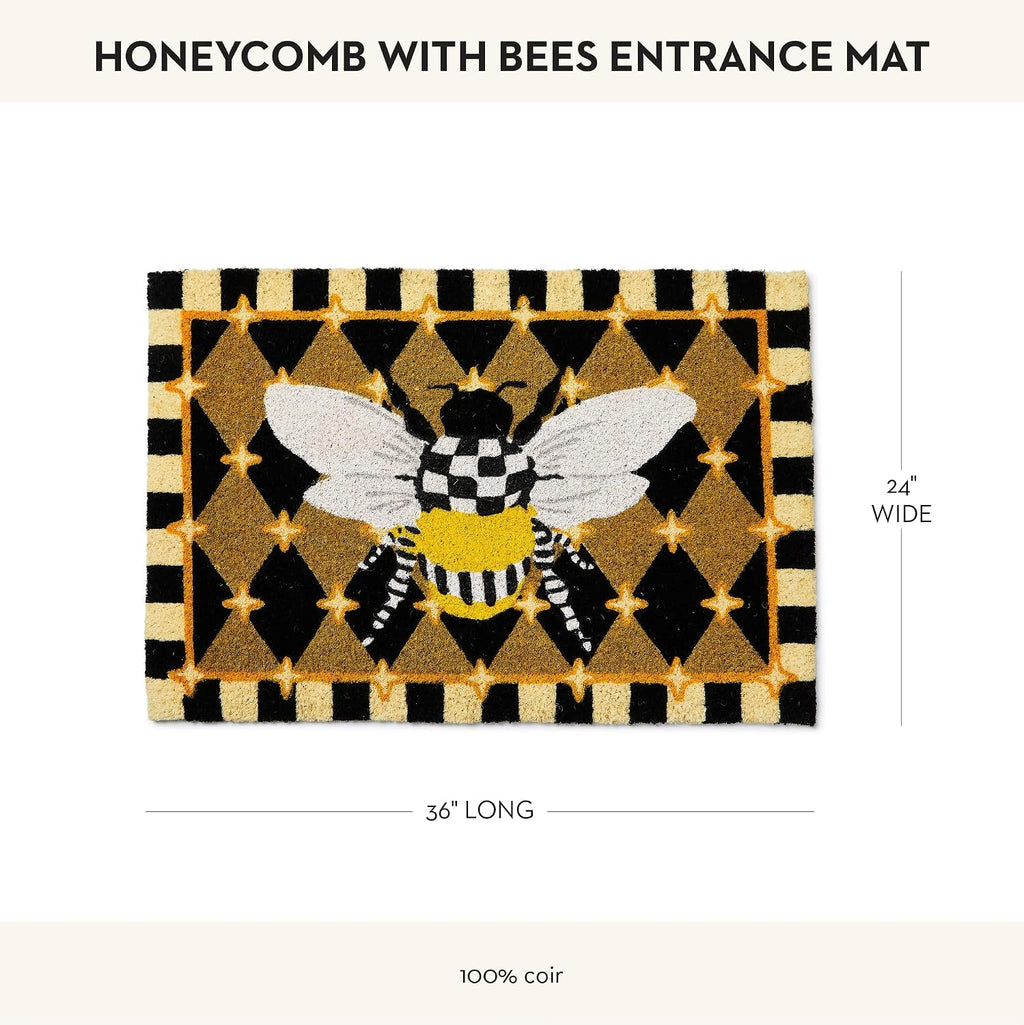 MACKENZIE-CHILDS Entrance Mat, Decorative Outdoor Coir Doormat, Honeycomb with Bees, Black, 24' x 36'