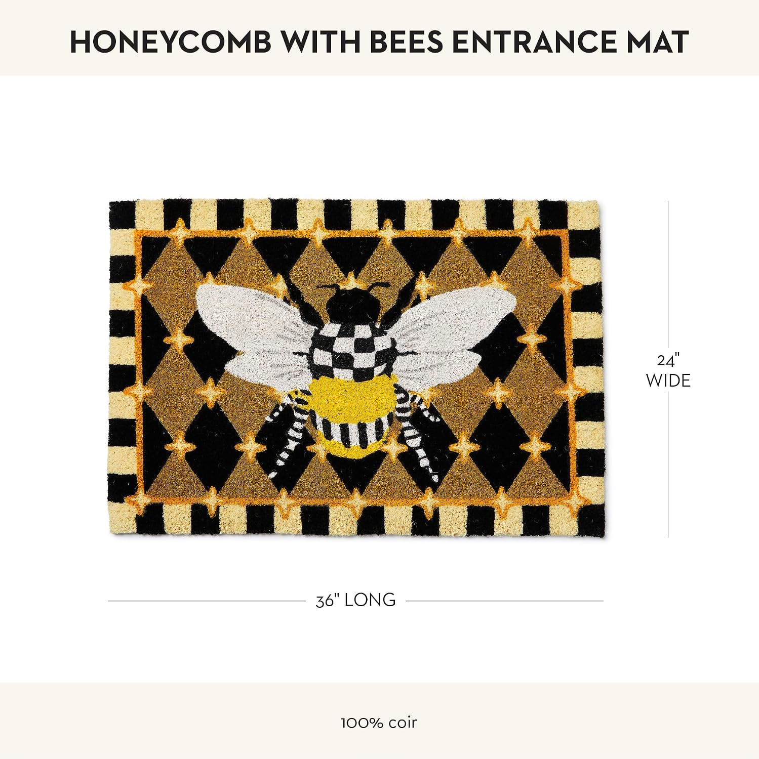 MACKENZIE-CHILDS Entrance Mat, Decorative Outdoor Coir Doormat, Honeycomb with Bees, Black, 24' x 36'