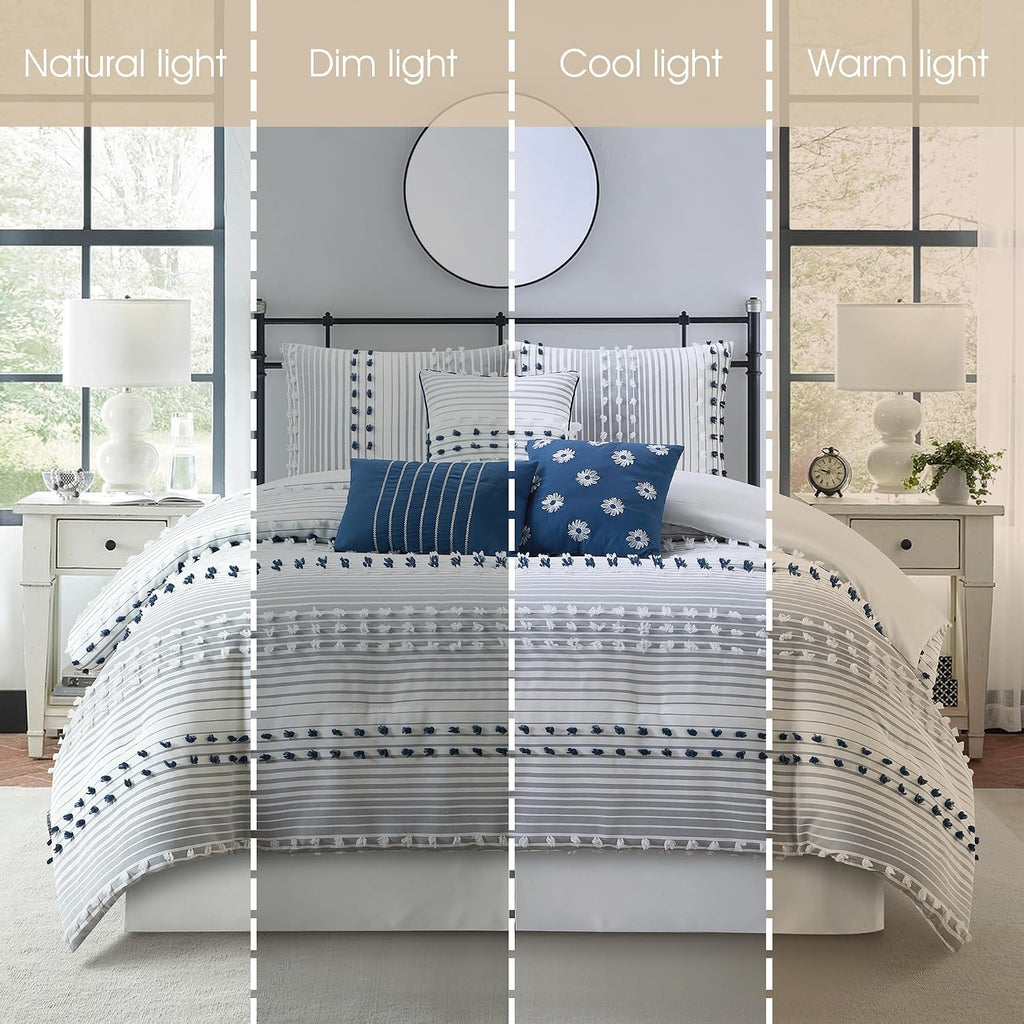 Stratford Park Blue Striped Dots King Size Comforter Sets, 7 Piece, Jaquard & Clip Bedding Sets & Collections, Bedskirt, Pillows & Shams, All Season Bedding Set