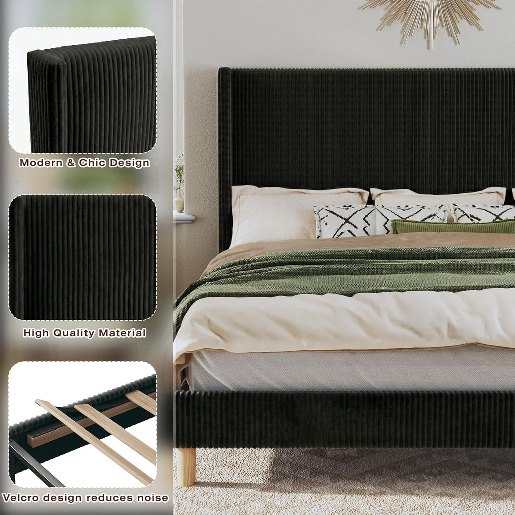 HUAHUU Queen Bed Frame with 51.2' Tall Headboard, Corduroy Upholstered Bed Frame with Wingback, Platform Bed with Wooden Slats Support, Easy Assembly, No Box Spring Needed, Black