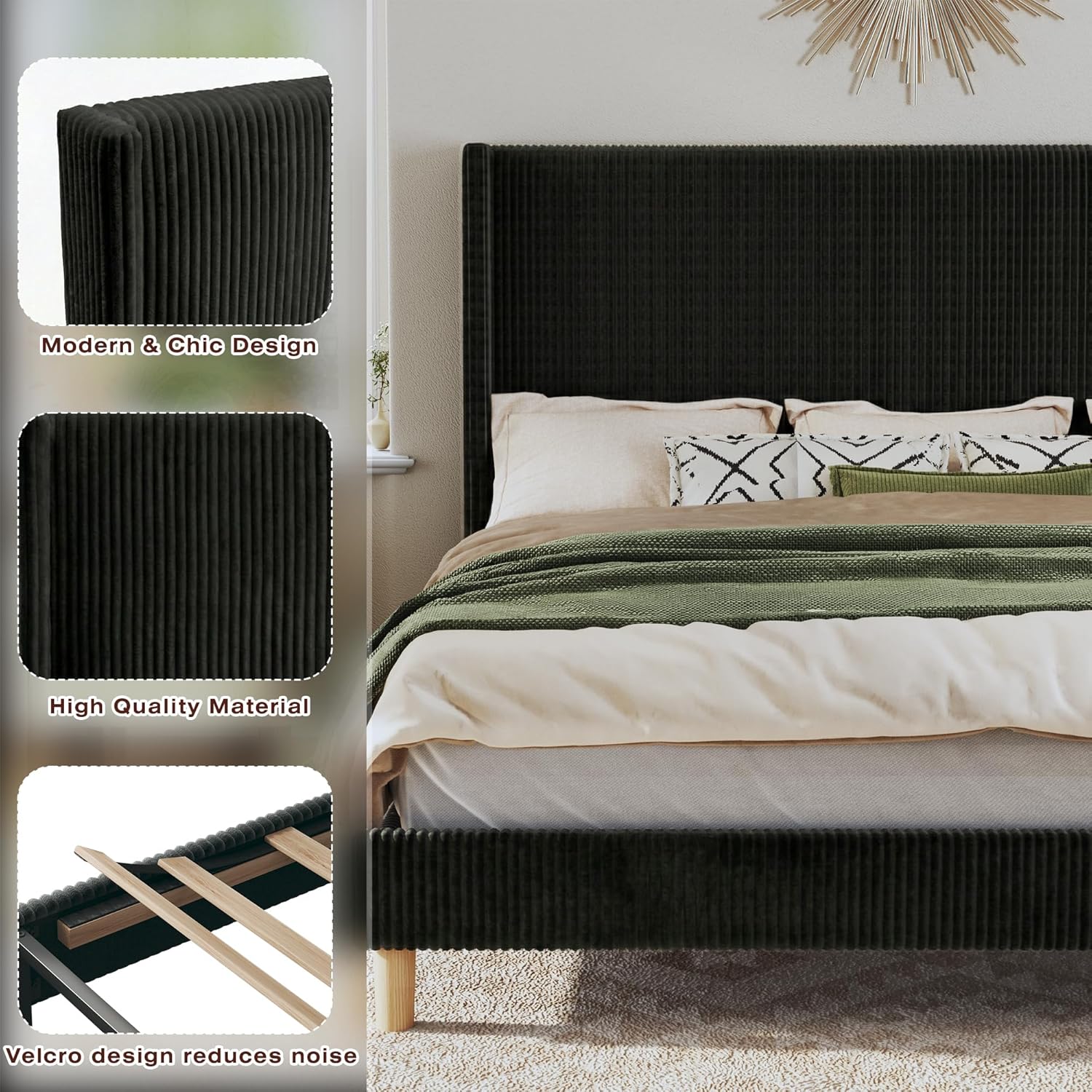 HUAHUU Queen Bed Frame with 51.2' Tall Headboard, Corduroy Upholstered Bed Frame with Wingback, Platform Bed with Wooden Slats Support, Easy Assembly, No Box Spring Needed, Black